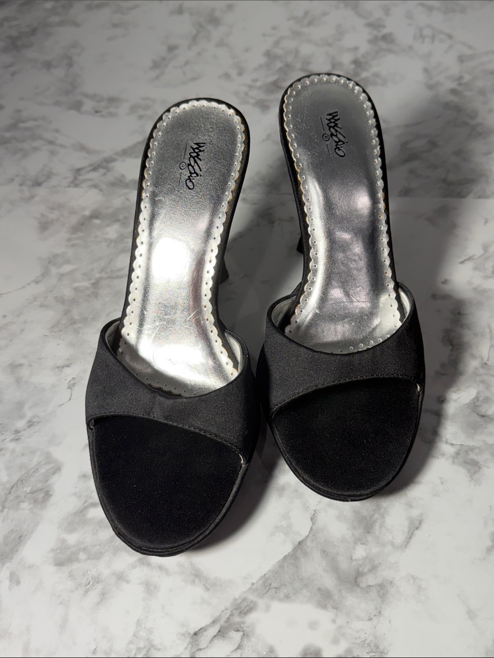Mossimo Women’s Black Satin Open-Toe Slide Heels Size 5